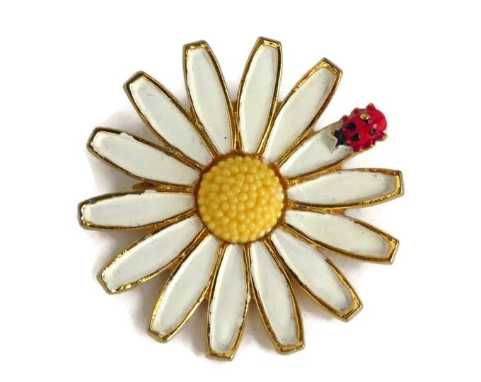 Weiss Daisy Brooch, Vintage White and Yellow Pin, Ladybug Pin, Signed Designer Jewelry, Gift idea, Gift Box