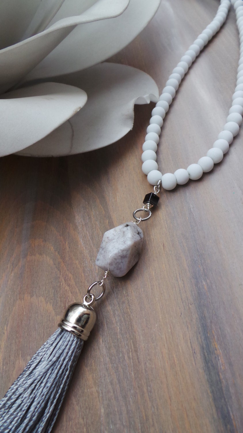 Tassel necklace. Long beaded tassel necklace. White beaded