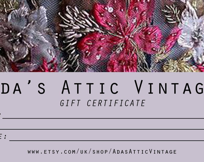 CUSTOMISABLE AMOUNT, Ada's Attic Vintage Gift Certificate, Vintage Clothing Fun Fashion Tumblr Gift Card, 1920s Flapper Dress, Birthday Gift
