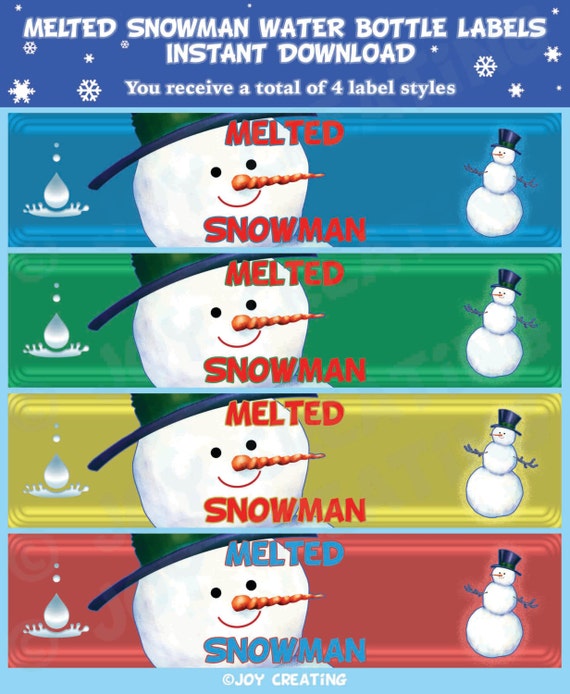 Melted Snowman Water Bottle Labels Instant Download Holiday