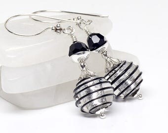 Silver, Black, Venetian Murano Glass Earrings, Sterling Silver, Italian Artisan, Spiral, Lampwork Earrings, Dangle, Drop Earrings
