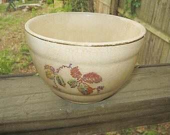 Very Old Pottery Bowl, 5 Inch Diameter, 3 1/4 Inches Tall, Rustic Bowl, Shabby Chic Bowl, Ivory With Floral Design,