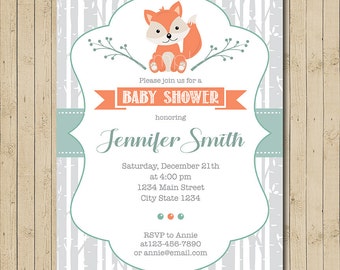Fox Baby shower invitation, Fox Invite, printable, Digital invitation