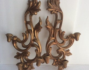 Vintage 1957 HOLLYWOOD REGENCY Syroco Wood Candle Sconces PAIR