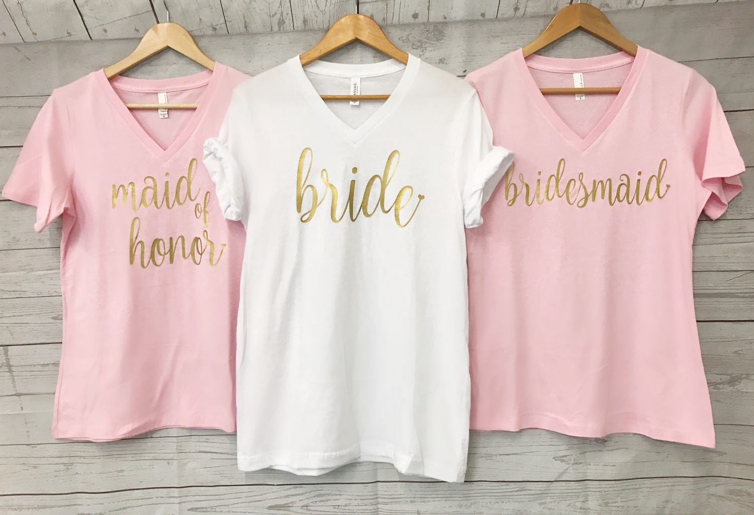 Bridal Party Shirts in Light Pink and Gold Relaxed VNecks for Bridesmaids Maid of Honor and Bride