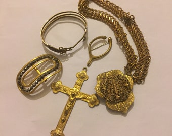 Victorian Jewellery Lot, Gilt Crucifix, Metal Choker, Cut Steel Buckle, Wishbone Brooch, Over Sized Cross Pendant