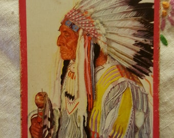 Six 1950s Great Northern RR playing cards feature a portrait of Blackfoot Chief "Wades-in-the-Water" based painting by Winold Reiss