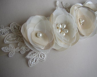 Wedding Dress Belt, Ivory Champagne Wedding Sash, Ivory Lace Bridal Sash, Wedding Belts and Sashes, Pearl Rhinestones, Floral Bridal Belt