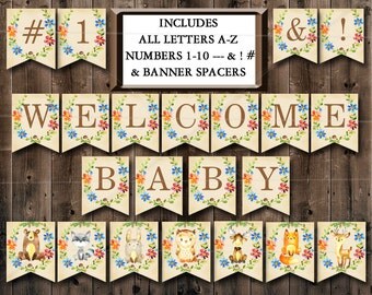 Woodland Baby Shower Banner, Printable Includes ALL LETTERS A-Z, Numbers 0-9, Spacers & symbols Decorations - Instant Download - 010
