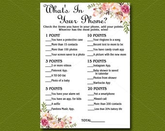 Floral Baby Shower game, Whats in Your Phone, Printable, Bohemian Peach Floral Boho Baby Shower Activity DIY Instant Download 021
