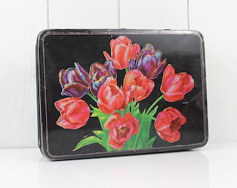 Black and Red Vintage Tin box, Lithographed Tulip Flower, Black Metal Storage, 1950s French Mid Century Vanity Decor, Makeup Case - E243