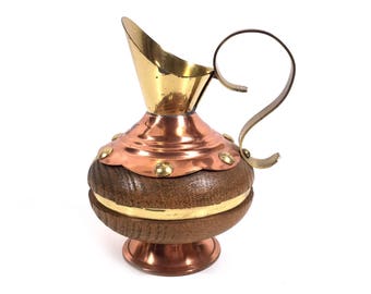 Vintage Copper Pitcher with Brass and Wood Accents, 4.25" High Small Miniature Copper Jug Made in Germany