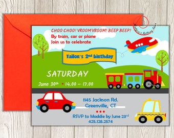Coche tren avión transporte cumpleaños fiesta invitación y tarjeta de agradecimiento - digital, para imprimir