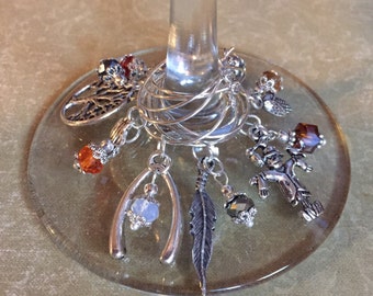 Thanksgiving Wine Glass Charm Set of 8 Turkey Wishbone Wish Scarecrow Corn Native American Feather Pumpkin Autumn Leaf Thankful Wheat Tree