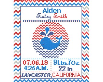 Custom Pattern Cross Stitch Birth Announcement Cross Stitch Birth Record Cross Stitch Baby Boy Whale Red Blue Navy Nautical Nursery chevron