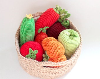 Crochet 7 Vegetables in Basket, Grocery Store Play, Stuffed Play Food, Vegetable, Summer Kitchen Decoratio, Waldorf Toy, Housewarming Gift