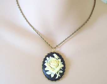 Black Cameo Pendant, Ivory Rose Necklace, Large Cameo Pendant, Victorian Style, Long Layering Necklace