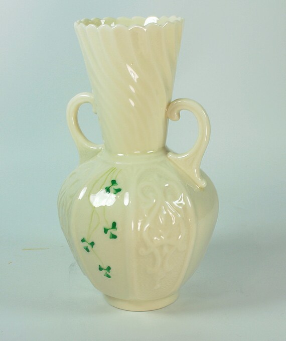 Vintage Belleek Vase with Green Shamrocks Vintage Belleek