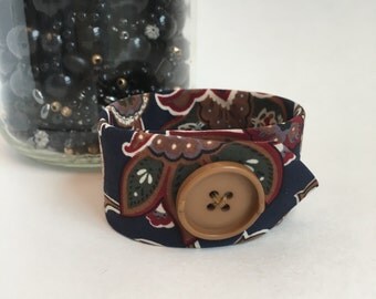 Floral Fabric Bracelet Tie Cuff Necktie Jewelry Gift for Teacher Friend Hair Stylist Artist Gift Navy Tan Wine Textile Bracelet Cuff Gift
