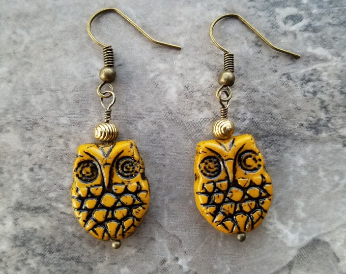 Boho yellow owl earrings, yellow ceramic owl earrings, ceramic owl earrings, ceramic owl jewelry, owl jewelry