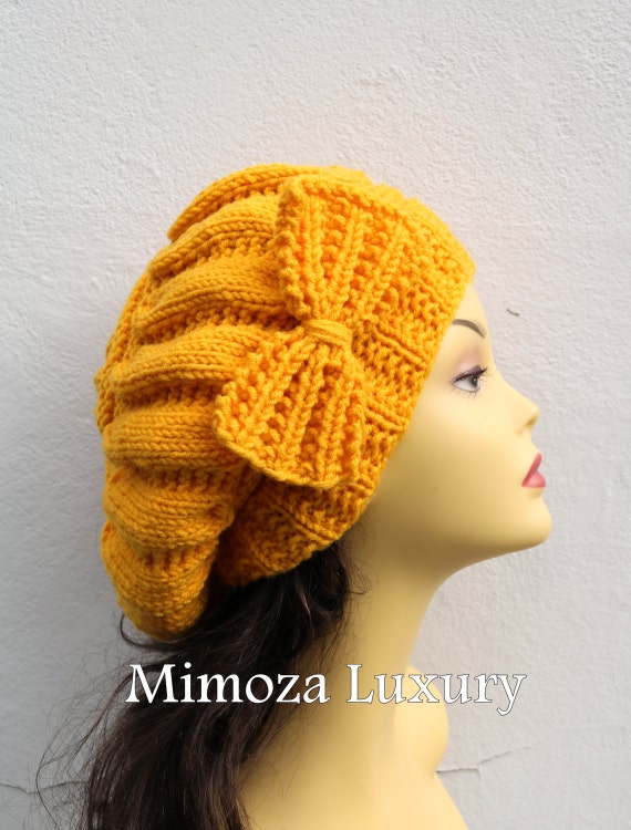 Yellow Woman Hand Knitted Hat with Bow, Yellow Beret hat with bow, Yellow knit hat, slouchy knit women's hat with bow, winter hat, Yellow