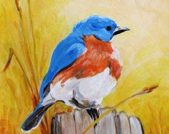 Bluebird Blue Bird Original Bird Painting Acrylic on Board 4"x4"