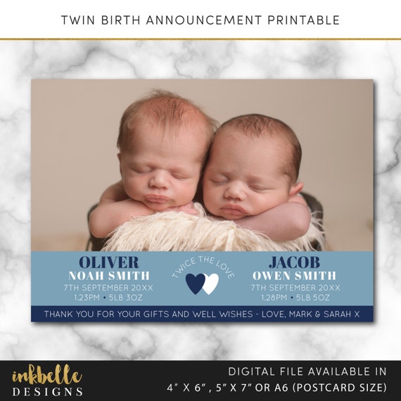 Twins birth announcement card Digital File PDF DIY baby
