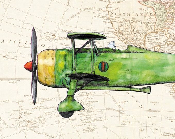 Set of 6 airplanes prints for boys nursery wall decor in aviation theme World map art Military prop aircrafts Retro airplane decor