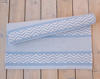 Handwoven rag rug, pale blue rag rug, Swedish ragrug
