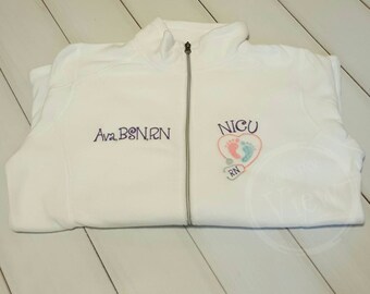 NICU Nurse Fleece Jacket with FootPrints Stethoscope -RN Lpn zipup light weight fleece jacket with several color options-GIGGLES