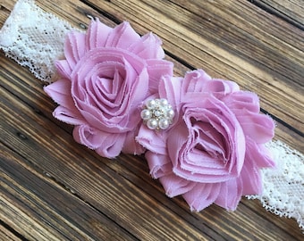Lilac Shabby Flower & Ivory Lace Headband, Newborn Headband, Baby Headband, Toddler Headband, Girls Headband, Photo Prop