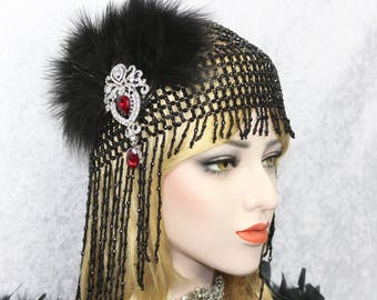 Great Gatsby Headpiece, Roaring 20s Headpiece, 1920s, Flapper Headband, Feather Headband, Wedding Bridal, Beaded Headpiece