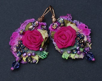 Baroque textile earrings, gipsy earrings, Marie Antoinette earrings, shabby chic bohemian earrings, mixed media earrings, lace earrings