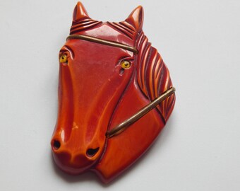 Vintage Bakelite Horse Brooch Red Brown Equestrian Large Horse Head Carved Brooch
