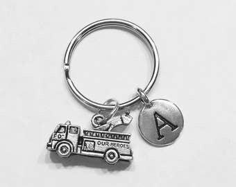 Fire Engine Keychain, Initial Keychain, Firefighter Keychain, Firefighter Wife Son Daughter Sister Gift Initial Keychain