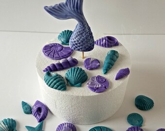 Mermaid Cake Topper set, Fondant Mermaid Tail Cake Topper, Mermaid and Sea Shells Cake Decorations, Handmade Edible, Mermaid birthday party