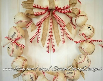 Baseball Wreath with Ivory burlap bow - Made with REAL baseballs!!! Softball and Baseball decor - Coach's Gifts - MLB - Front Door Wreath