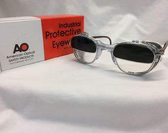 True Vintage AO Metal eyeglasses New Old Stock Safety Welding Glasses /Flip Up Lens /Box Cable Temples Clear Glass Z87