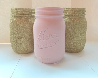 Painted mason jar- blush pink and gold glitter mason jar- Pink Bridal Shower Decor- Pink wedding Decor- Pink and Gold Baby Shower
