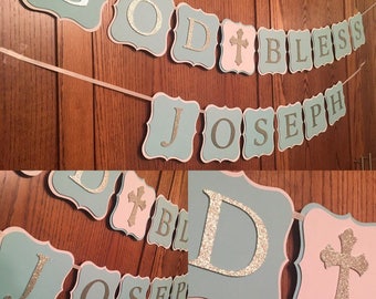 God Bless Banner, Baptism banner, communion banner, christening banner, blue and silver banner, boy banner, christening decor