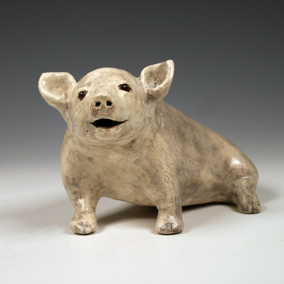 Ceramic Happy Pig Sculpture One Of A Kind Taupe Colored