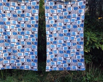 1960's curtains, vintage barkcloth curtains with blue abstract print