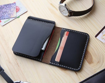 Money Clip Wallet, Mens Leather Money Clip Wallet, Mens Leather Bifold Wallet, Horween Black Chromexcel