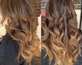 Full Head Dip dye Clip in Hair extensions Ombre Dark brown to dark blonde