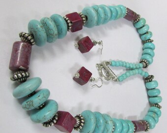 Bold Turquoise and Purple Bead Necklace and Earring Set