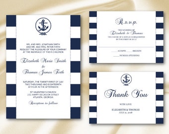Nautical Wedding Invitation Set Templates, Navy Striped Anchor Party Invite Suite, Diy Printable Cards, Editable Text, Instant Download P200