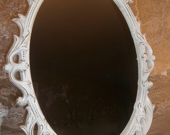 Vintage Syroco Wall Hanging Shabby Mirror Cottage White Chic Ornate Hollywood Regency