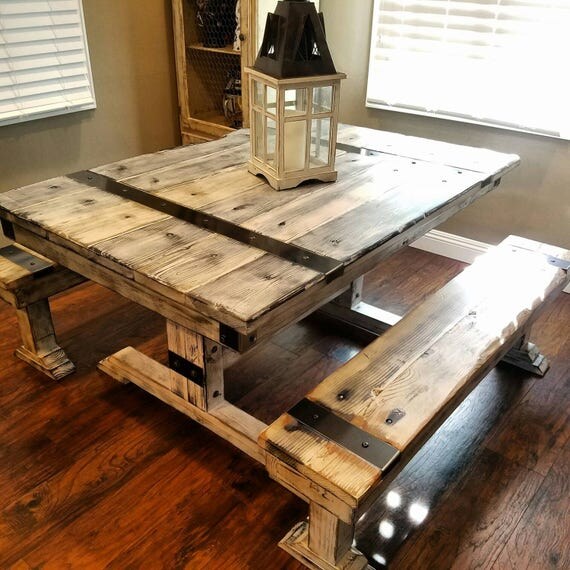 Rustic Distressed Dining Table and Bench with Steel Hardware.