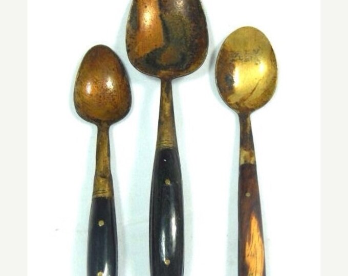 Storewide 25% Off SALE Collectable Antique Civil War Era 3 Piece Traveling Soldier Gold Tone Dinner Spoons Featuring Black Handles