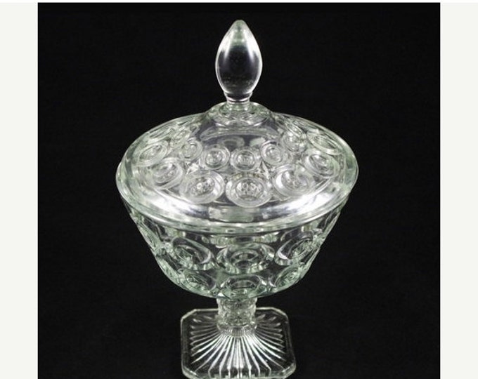 Storewide 25% Off SALE Vintage Circle Design Cut Glass Pedestal Candy Dish with Matching Lid & Designer Finial